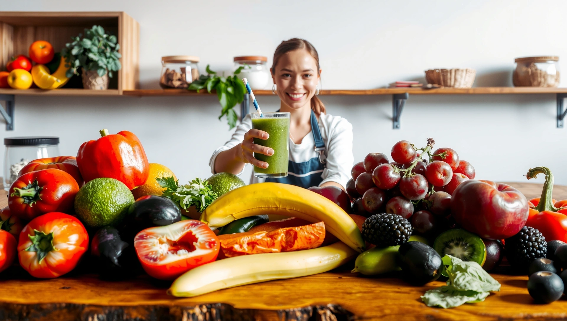 Frisches Obst, Gemüse und eine lächelnde Person, die einen gesunden Smoothie trinkt, symbolisieren Vitalität und gesunde Ernährung.